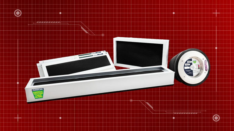 A purecab filter on a red background