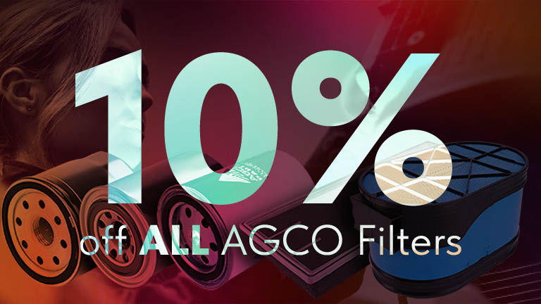 A red background with a series of filters with 10% off ALL AGCO filters overlaid 