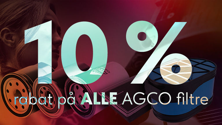 En rød baggrund med en række filtre, hvor der er lagt et billede ovenpå med 10 % rabat på ALLE AGCO-filtre 