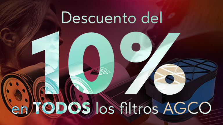 Un fondo rojo con una serie de filtros superpuestos que ofrecen un 10 % de descuento en TODOS los filtros AGCO 