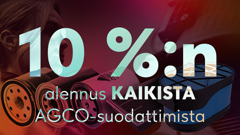 Punainen tausta, jossa on joukko suodattimia, joissa on 10 % alennus kaikista AGCO-suodattimista 