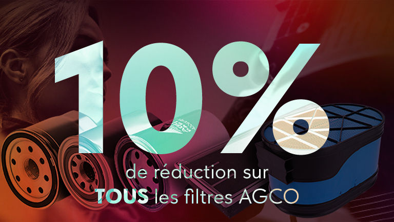 Un fond rouge sur lequel est superposée une offre de 10 % de réduction sur TOUS les filtres AGCO 