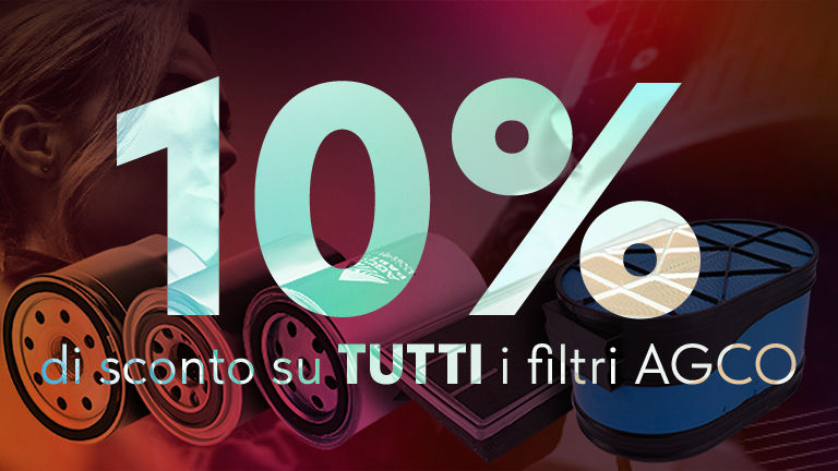 Uno sfondo rosso con una serie di filtri con uno sconto del 10% su TUTTI i filtri AGCO sovrapposti 