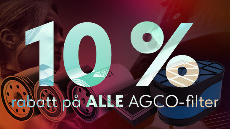 En rød bakgrunn med en serie filtre med 10 % rabatt på ALLE AGCO-filtre overlagt 