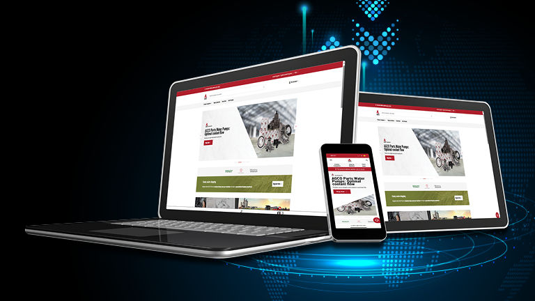 Two laptop screens and a phone showcasing the AGCO Parts Shop