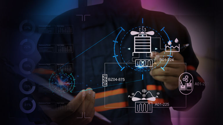 A man holding tools with an engineering schematic overlaid