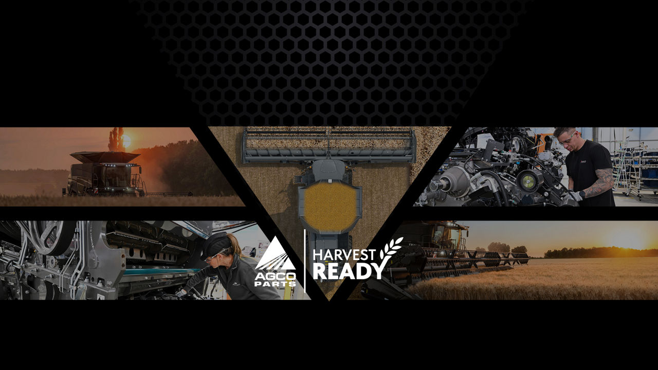 A range of scenes of harvesting on a black background with the Harvest Ready logo