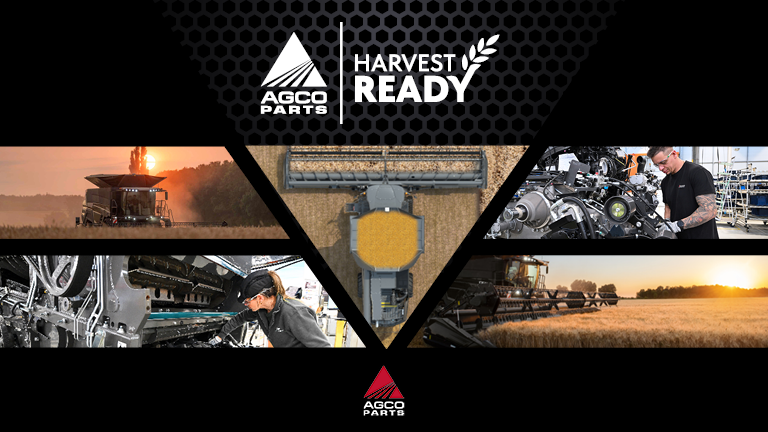 Various images of combine harvesters working and being serviced, with the AGCO Parts logo