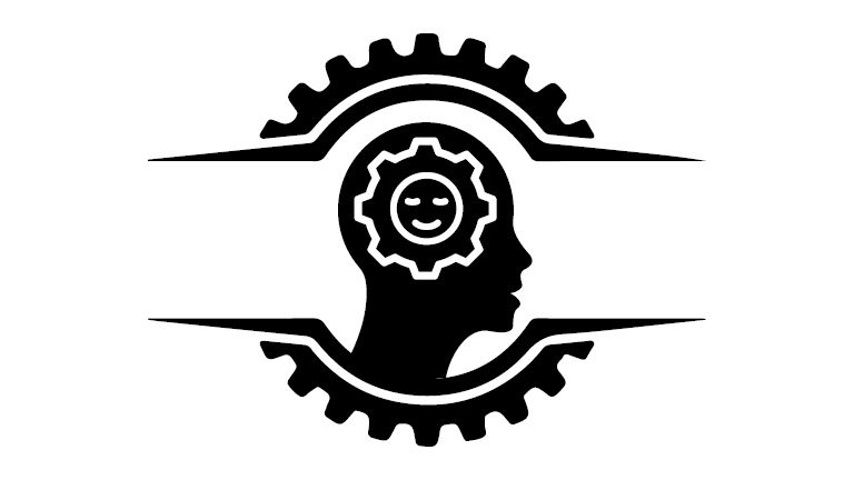 An icon style image of a cog surrounding a human head with a cog in the middle