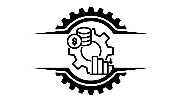 An icon style image of a cog surrounding stylised coins