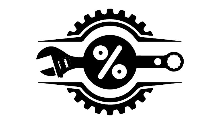 An icon style image of a cog surrounding a spanner and a percentage sign
