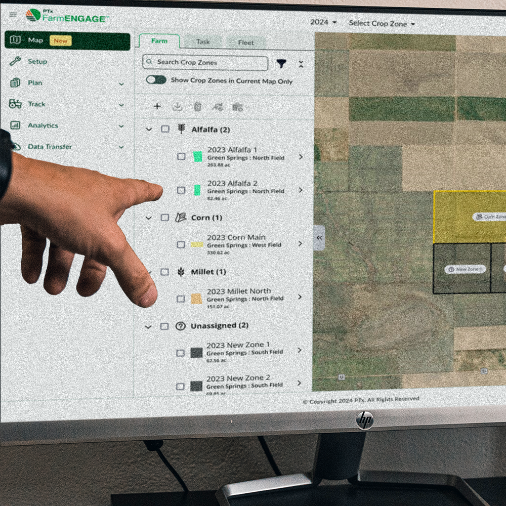 PTx FarmENGAGE showing a crop map on a computer