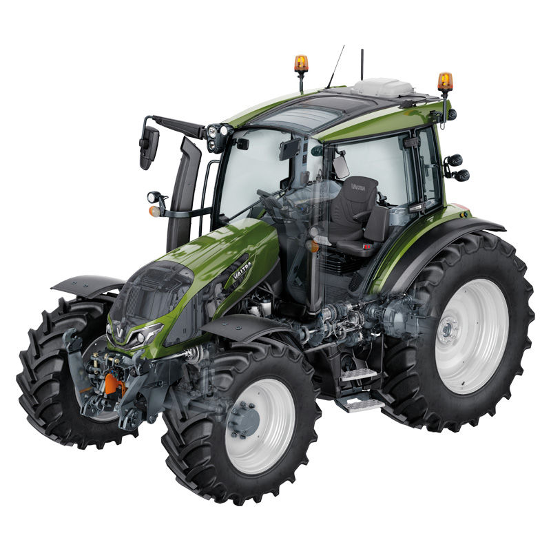 A green Valtra G Series tractor with a glass-enclosed cabin is shown in a studio setting. The vehicle features large, rugged tires and visible mechanical details, emphasizing its robust construction. The cabin is equipped with advanced controls and comfortable seating, suitable for modern farming tasks. No visible text, numbers, or specific brand markings are present.