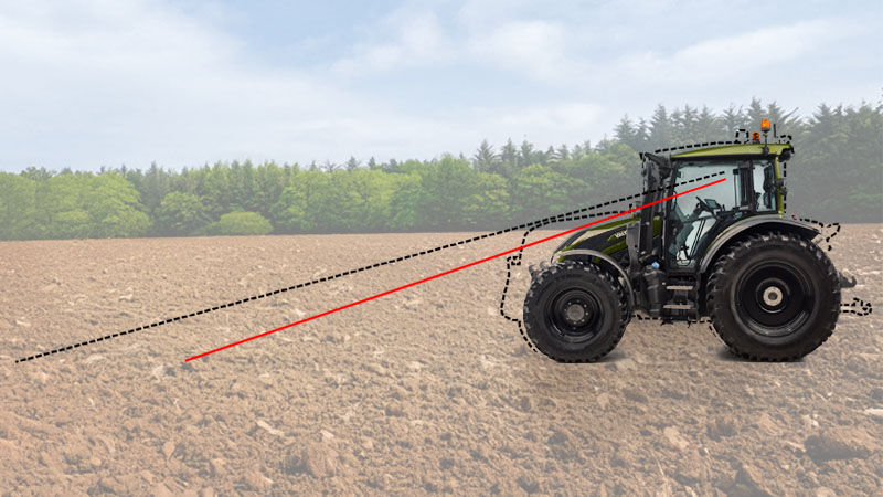 The Valtra G Series is shown in front of the outline of a competitor's tractor demonstrating superior visibility thanks to the shorter and more sloped bonnet. 