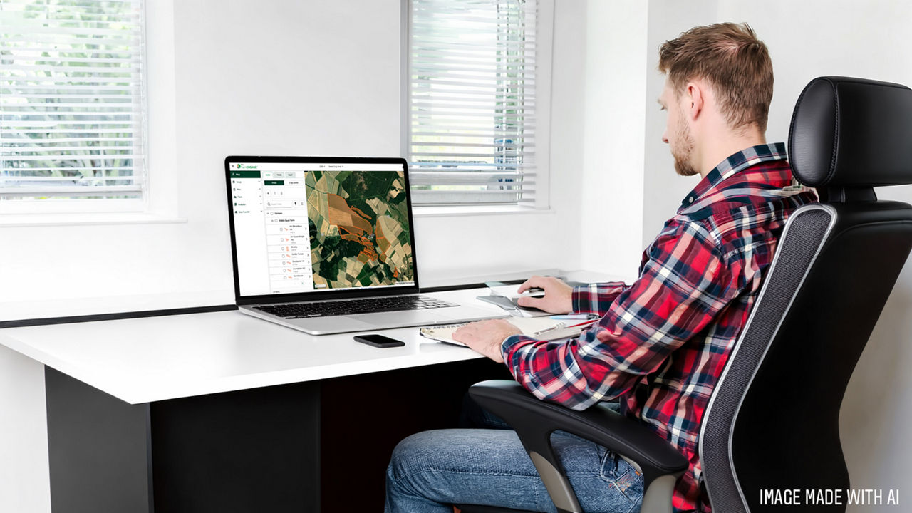 A person working at a desk using farm management software on a laptop computer. The screen displays field maps, parcel boundaries, and agricultural data in a map-based interface. A smartphone and notebook are visible on the desk alongside the computer. The image shows digital farm planning and field management in an office environment.