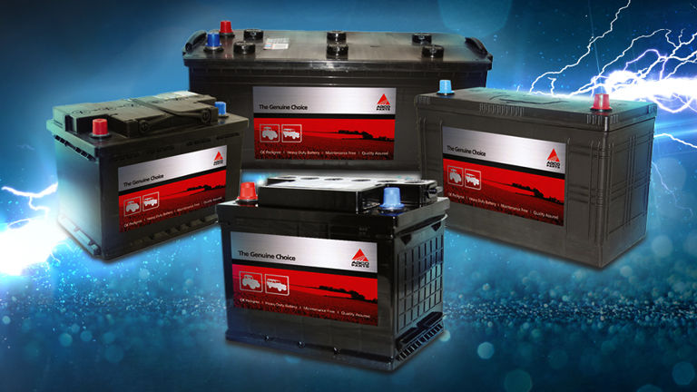 Four AGCO Batteries on a blue background with lightning flashes