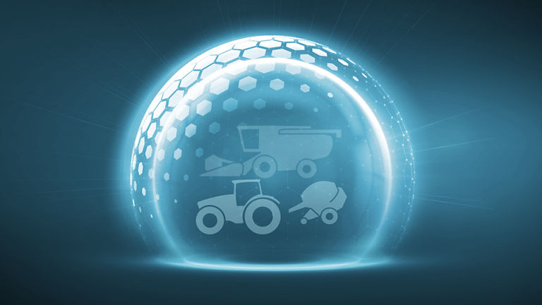 Tractor, combine and baler icon style pictures insdie a glowing ball