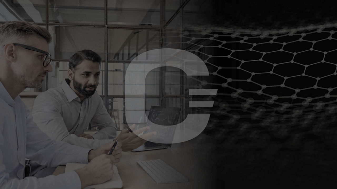 Two men discussing data with the connect logo overlaid