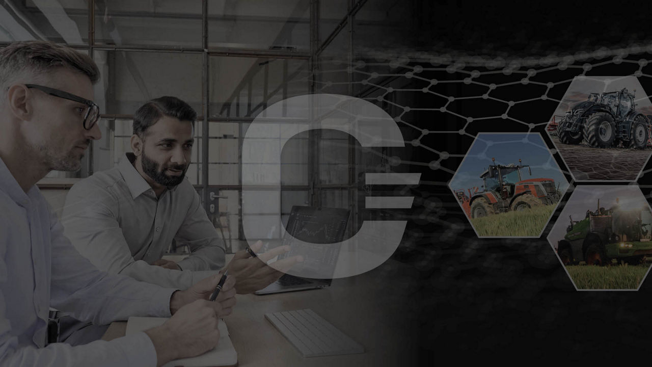 Two people sat at a desk writing something with pictures of tractors and a letter C superimposed