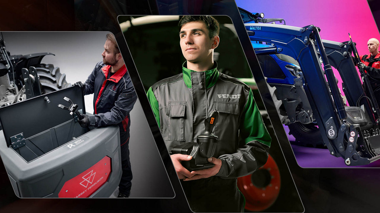 A man standing in front of various tractors