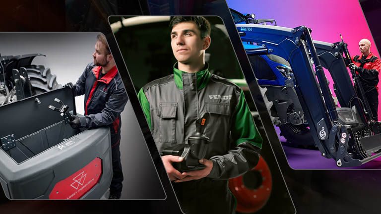 Three farmers dressed in Fendt, Valtra and Massey Ferguson workwear fitting accessories to various tractors