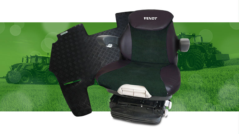 A picture of a seat and a floor mat superimposed onto a green picture of tractors in a field
