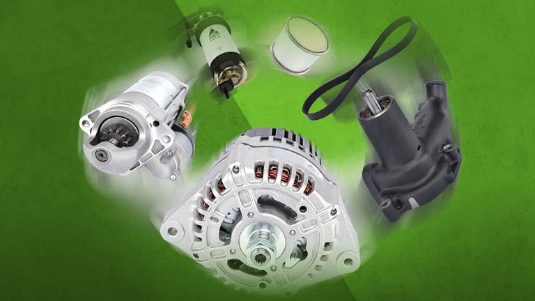 Various engine parts on a green background