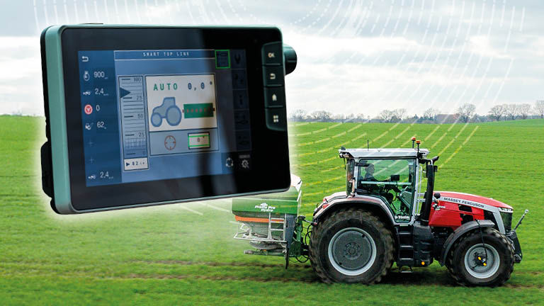A MF tractor spraying a field with a superimposed picture of a sprayer screen