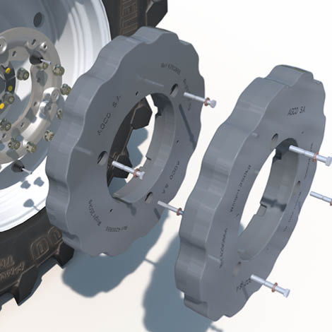 An exploded diagram of wheel weights fitting to a tractor wheel