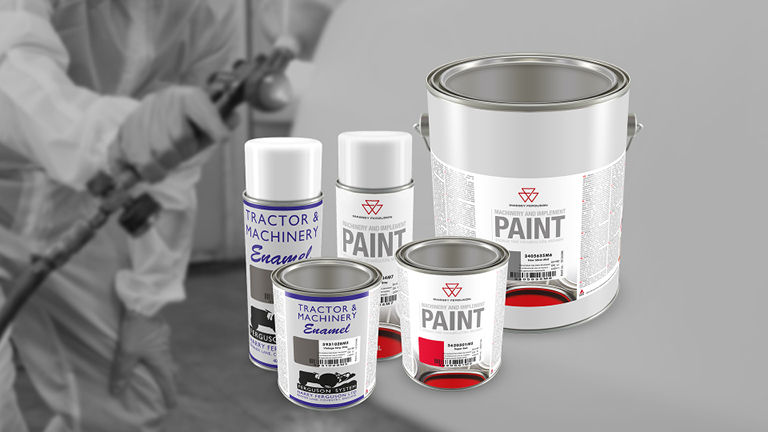 Various Massey Ferguson paint products with a paint sprayer in the background