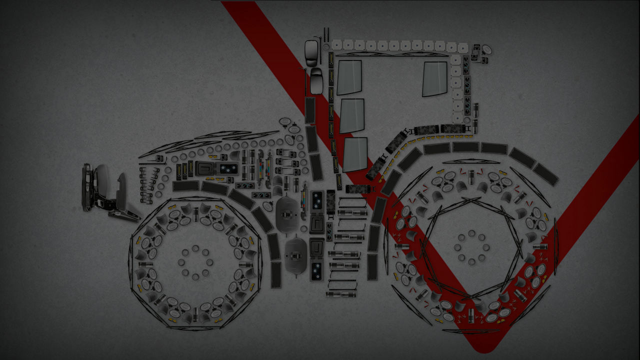 A flat lay of parts making up a tractor