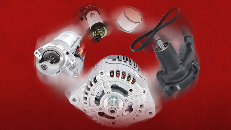 Various engine parts on a red background