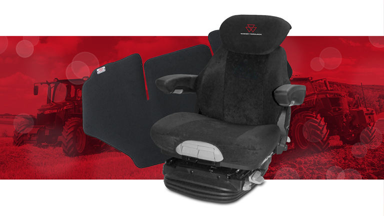 A seat and floor mats superimposed on a red picture of tractors in a field