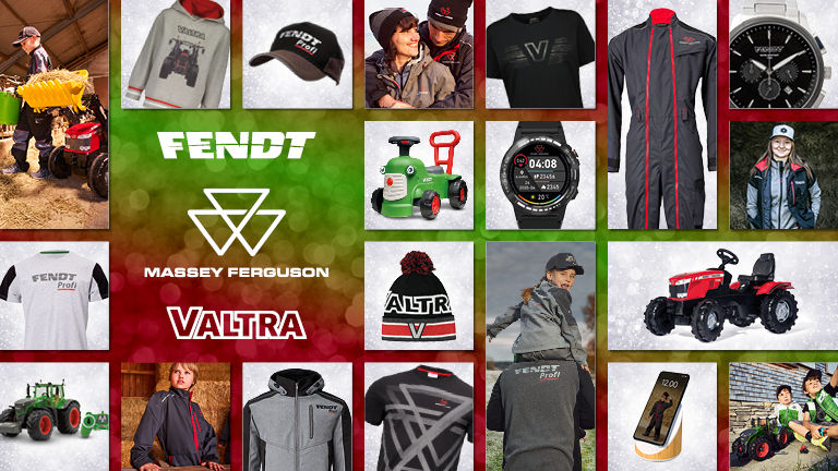 A selection of merchandise on offer from Fendt, MF and Valtra