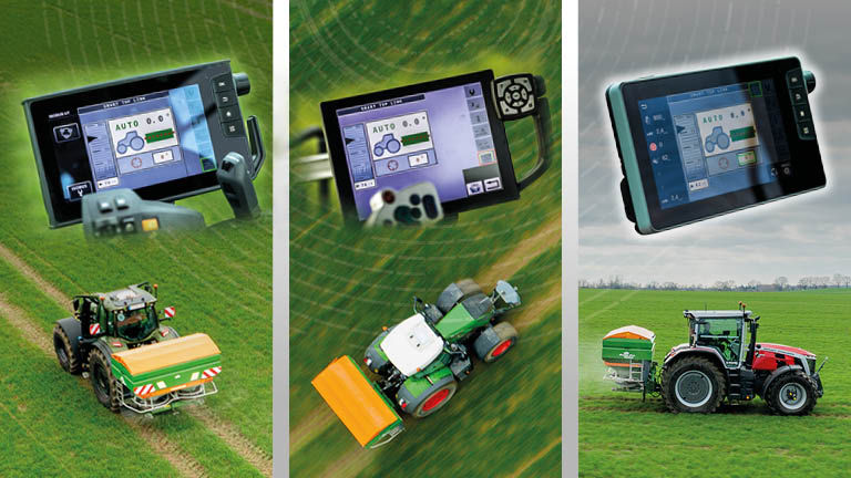 An image of three tractors with sprayers side by side, and screens above them