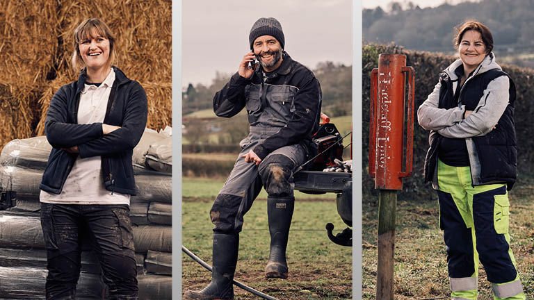 Three pictures of farmers smiling while on their farms