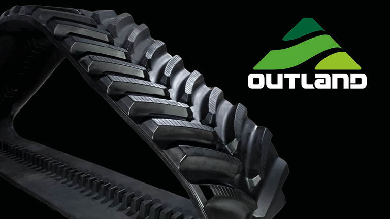 The Outland logo next to a close up picture of a track for a tractor