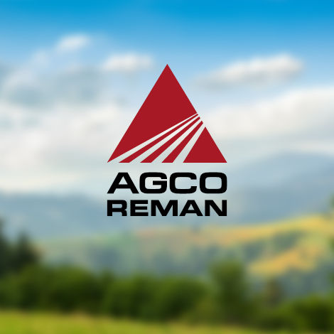 AGCO Reman logo on a blurred out farm background