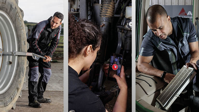 Three technicians working on various parts of a tractor