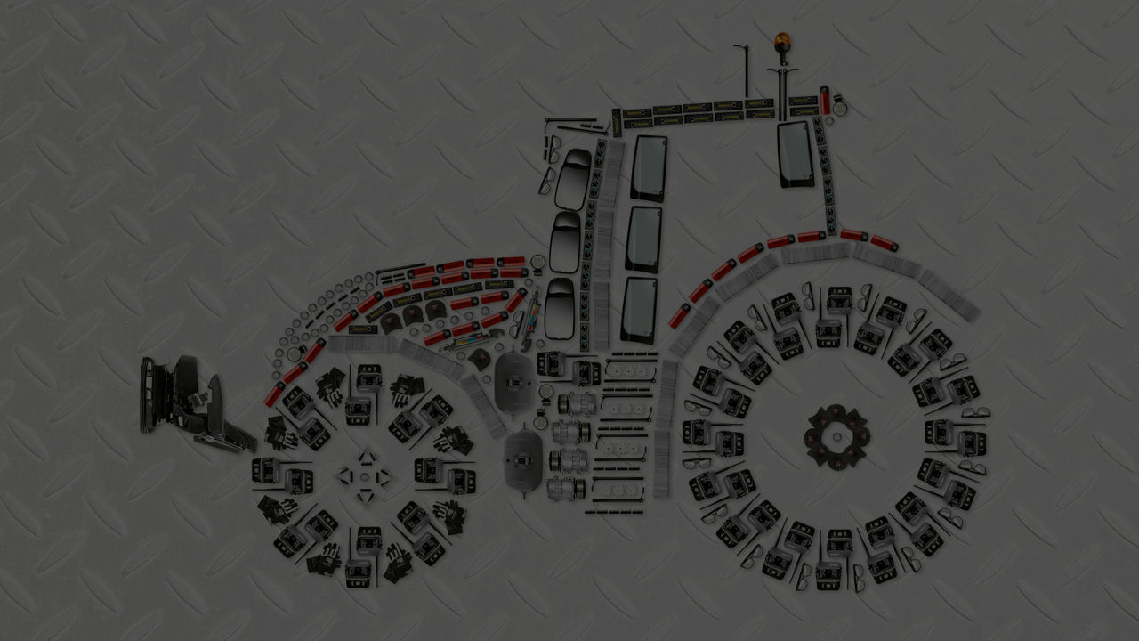 A flat lay style image of a Valtra tractor with parts visbile