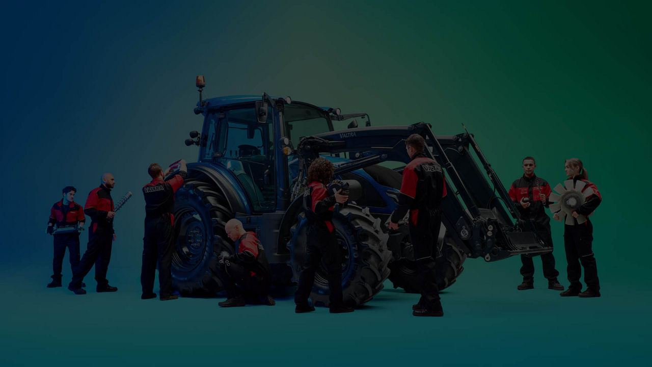 A dark version of various technicians working on a tractor