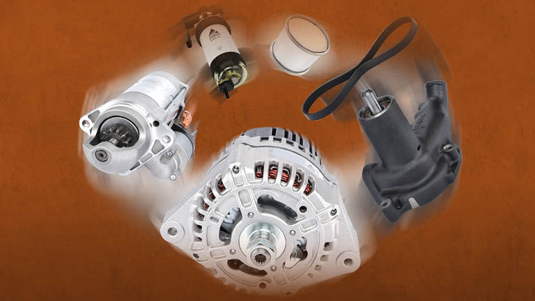 Various engine parts on a orange background