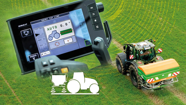 A Valtra tractor spraying a field with a superimposed picture of a sprayer screen
