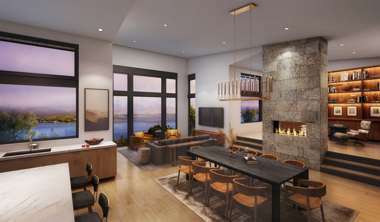 Oak Shore - View of Kitchen, Living Room, Dining Room, Patio and view of ocean and mountains