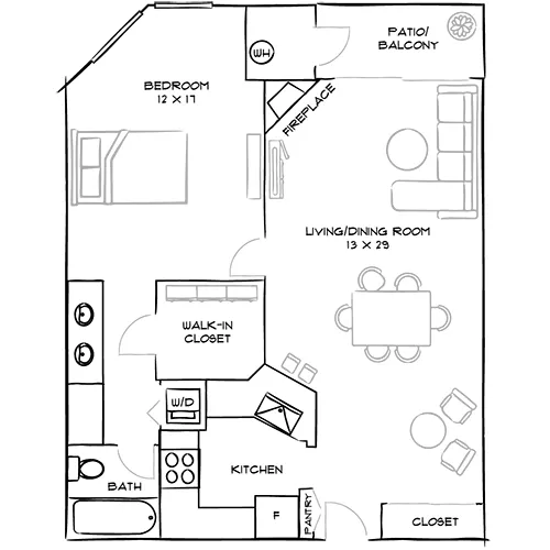 HillCreste - 1 Bed/1 Bath - The Beverly Floor Plan
