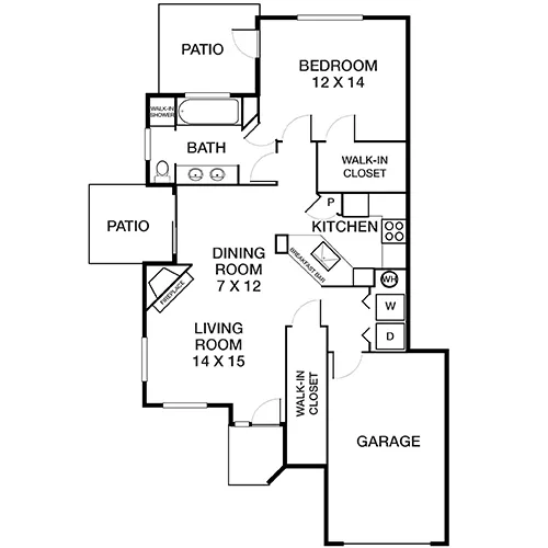 Township Residences - 1 Bed / 1 Bath - Floor Plan Diagram