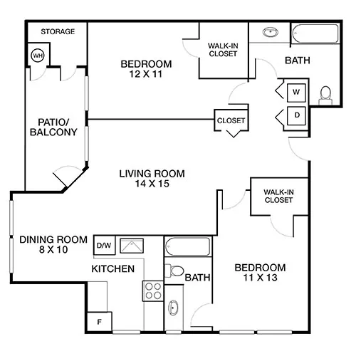 Monterey Grove Apartments - 2 Bed / 2 Bath - Floor Plan Diagram