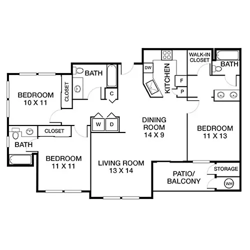 Monterey Grove Apartments - 3 Bed / 3 Bath - Floor Plan Diagram