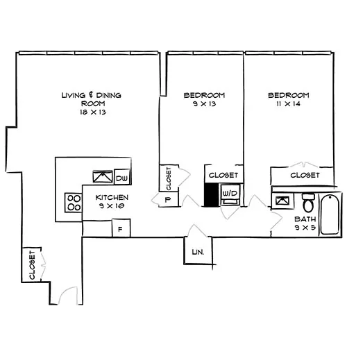 2 Bed, 1 Bath Floor Plan - Abstract - Park Towne Place Premier Apartment Homes, Philly, PA