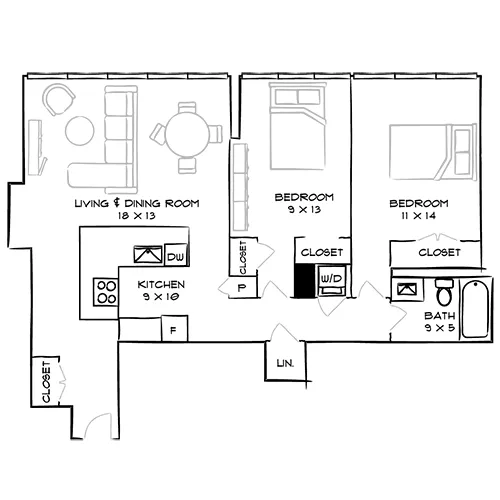 2 Bed, 1 Bath Floor Plan - Abstract - Park Towne Place Premier Apartment Homes, Philly, PA